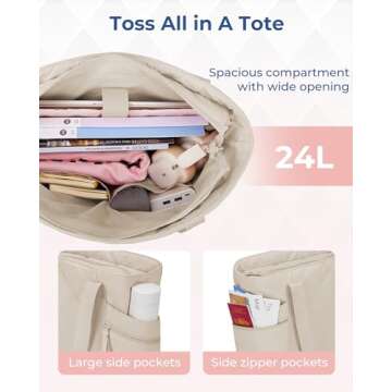 BAGSMART Tote Bag for Women, Puffer Carry On Tote with Zipper, Travel Essentials Quilted Nurse Travel Bag, Beige