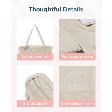 BAGSMART Tote Bag for Women, Puffer Carry On Tote with Zipper, Travel Essentials Quilted Nurse Travel Bag, Beige