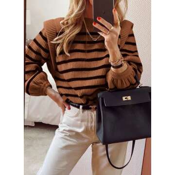 PRETTYGARDEN Women's Sweaters Casual Long Lantern Sleeve Crewneck Ribbed Knit Pullover Striped Jumpe...