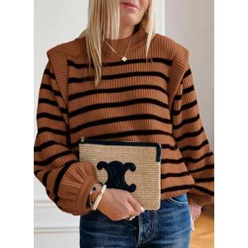 PRETTYGARDEN Women's Sweaters Casual Long Lantern Sleeve Crewneck Ribbed Knit Pullover Striped Jumper Tops Blouse (Brown,Small)