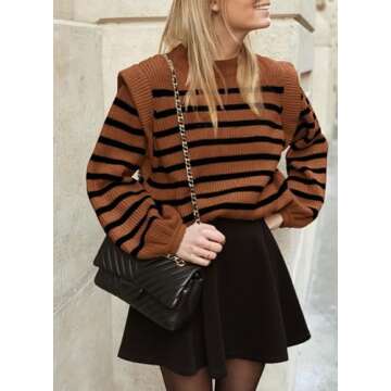 PRETTYGARDEN Women's Sweaters Casual Long Lantern Sleeve Crewneck Ribbed Knit Pullover Striped Jumper Tops Blouse (Brown,Small)