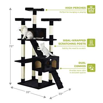 Go Pet Club 72" Tall Cat Tree Tower with Cat Condos - Large Cat Tree - Cat Tower for Indoor Cats - Play Scratch Hide Climb Activity Furniture with Toy - Black