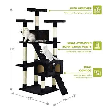 Go Pet Club 72" Tall Cat Tree Tower with Cat Condos - Large Cat Tree - Cat Tower for Indoor Cats - Play Scratch Hide Climb Activity Furniture with Toy - Black