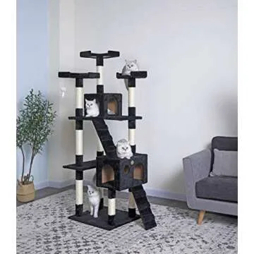 Go Pet Club 72" Tall Cat Tree Tower with Cat Condos - Large Cat Tree - Cat Tower for Indoor Cats - Play Scratch Hide Climb Activity Furniture with Toy - Black