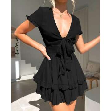 PRETTYGARDEN Women's Summer Swing Mini Dress Casual V Neck Short Sleeve Ruffle Tiered Layer A-Line Short Bow Dress(Black,X-Large)