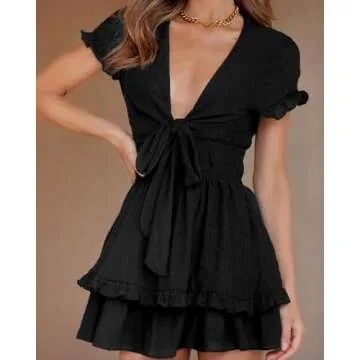 PRETTYGARDEN Women's Summer Swing Mini Dress Casual V Neck Short Sleeve Ruffle Tiered Layer A-Line Short Bow Dress(Black,X-Large)