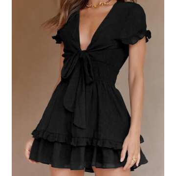 PRETTYGARDEN Women's Summer Swing Mini Dress Casual V Neck Short Sleeve Ruffle Tiered Layer A-Line Short Bow Dress(Black,X-Large)