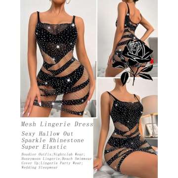 Avidlove Womens Lingerie Fishnet Bodycon Dress Mesh Babydoll Fishnet Sparkle Rhinestone Cut Out Romp...