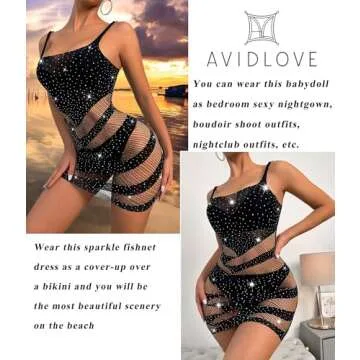Avidlove Womens Lingerie Fishnet Bodycon Dress Mesh Babydoll Fishnet Sparkle Rhinestone Cut Out Romper Sexy Outfit Black