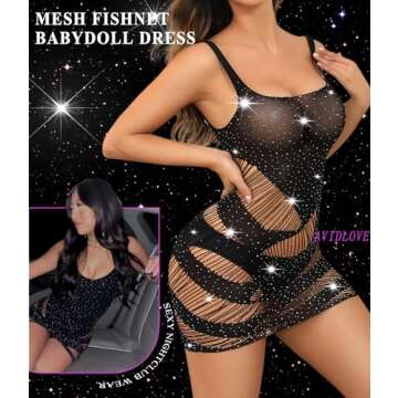 Avidlove Womens Lingerie Fishnet Bodycon Dress Mesh Babydoll Fishnet Sparkle Rhinestone Cut Out Romper Sexy Outfit Black