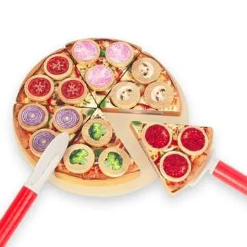 WoodenEdu Cutting Play Food Toy for Kids Kitchen,Wooden Pizza Set Pretend Play Kitchen Accessories,Learning Toy Birthday Gifts for Boys Girls Toddlers (6 pcs Set)