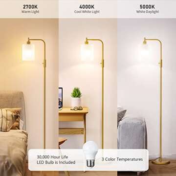 SUNMORY Industrial Floor Lamps for Living Room, Modern Floor Lamp with 3-Color Temperature LED Bulb, Tall Standing Lamp with White Frosted Hanging Glass Shade, Farmhouse Gold Floor Lamp for Bedroom
