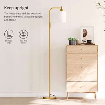 SUNMORY Industrial Floor Lamps for Living Room, Modern Floor Lamp with 3-Color Temperature LED Bulb, Tall Standing Lamp with White Frosted Hanging Glass Shade, Farmhouse Gold Floor Lamp for Bedroom