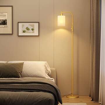 SUNMORY Industrial Floor Lamps for Living Room, Modern Floor Lamp with 3-Color Temperature LED Bulb, Tall Standing Lamp with White Frosted Hanging Glass Shade, Farmhouse Gold Floor Lamp for Bedroom