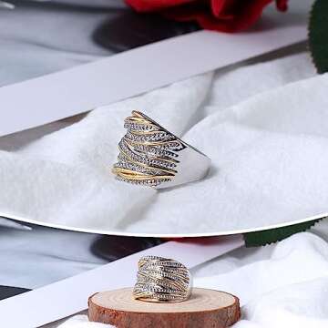 Mytys 2 Tone Intertwined Crossover Statement Ring Fashion Chunky Band Rings for Women Black Gold Silver Rose Gold Plated Wide Index Finger Rings Costume Jewelry (Gold and Silver Size 8)