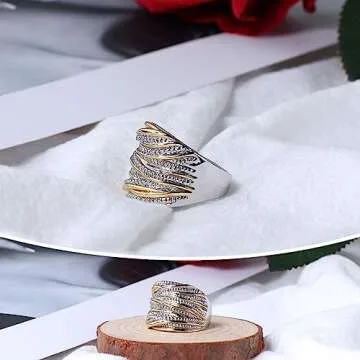 Mytys 2 Tone Intertwined Crossover Statement Ring Fashion Chunky Band Rings for Women Black Gold Silver Rose Gold Plated Wide Index Finger Rings Costume Jewelry (Gold and Silver Size 8)