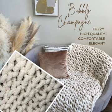 Kaffrey 50 x 60 Inches, 4.2 lb, Chunky Knit Blanket, Luxury Hand-Knitted Chenille Throw Blanket, Soft and Cozy Giant Knitted Blanket, Machine-Washable and Non-Shedding, Bubbly Champagne