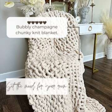 Kaffrey 50 x 60 Inches, 4.2 lb, Chunky Knit Blanket, Luxury Hand-Knitted Chenille Throw Blanket, Soft and Cozy Giant Knitted Blanket, Machine-Washable and Non-Shedding, Bubbly Champagne