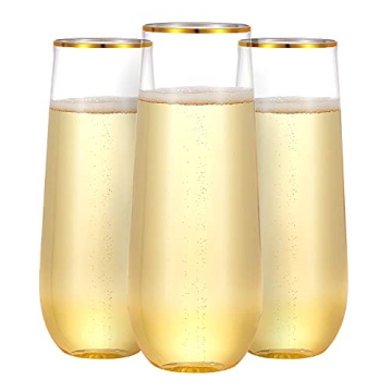 Elegant N9R 36 Pack Stemless Champagne Flutes - Gold Rim