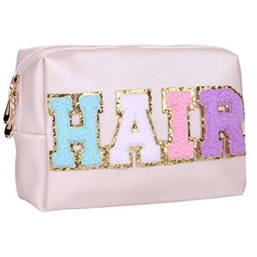 CRUOXIBB Preppy Patch Cosmetic Toiletry Bag for Women Letters PU Leather Portable Makeup Bag Zipper ...