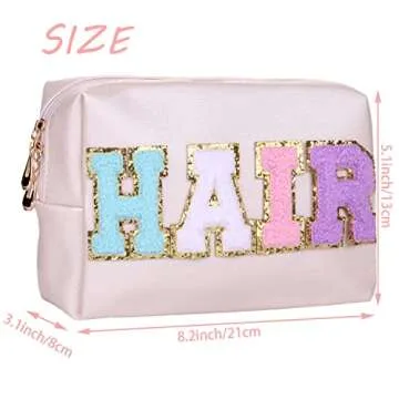 CRUOXIBB Preppy Patch Cosmetic Toiletry Bag for Women Letters PU Leather Portable Makeup Bag Zipper Pouch Storage Purse Waterproof Organizer for Travel (HAIR)