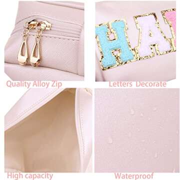 CRUOXIBB Preppy Patch Cosmetic Toiletry Bag for Women Letters PU Leather Portable Makeup Bag Zipper Pouch Storage Purse Waterproof Organizer for Travel (HAIR)