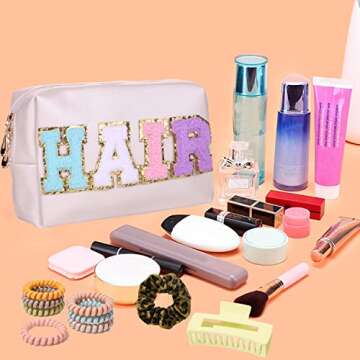 CRUOXIBB Preppy Patch Cosmetic Toiletry Bag for Women Letters PU Leather Portable Makeup Bag Zipper Pouch Storage Purse Waterproof Organizer for Travel (HAIR)