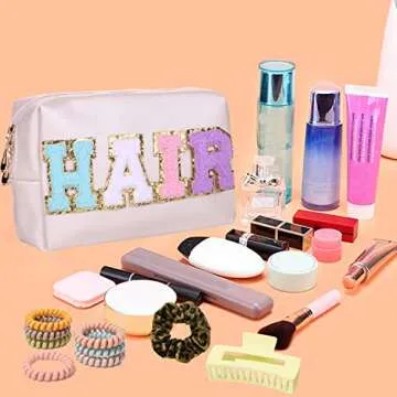 CRUOXIBB Preppy Patch Cosmetic Toiletry Bag for Women Letters PU Leather Portable Makeup Bag Zipper Pouch Storage Purse Waterproof Organizer for Travel (HAIR)