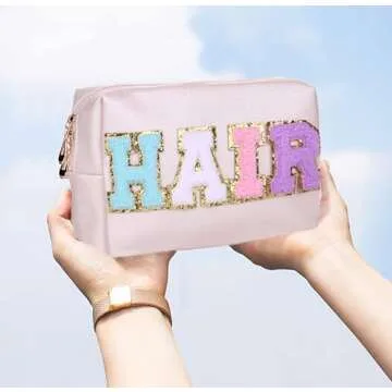 CRUOXIBB Preppy Patch Cosmetic Toiletry Bag for Women Letters PU Leather Portable Makeup Bag Zipper Pouch Storage Purse Waterproof Organizer for Travel (HAIR)