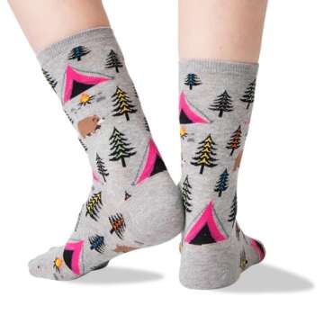 Hot Sox Women's Fun Nature & Outdoors Crew 1 Pair Pack-Cute & Funny Fashion Novelty Gifts, Bear Tent (Sweatshirt Gray Heather), Shoe Size: 4-10 (Sock Size: 9-11)