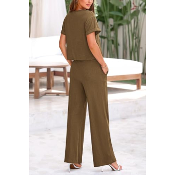 PRETTYGARDEN Women's Summer 2 Piece Knit Loungewear Short Sleeve T Shirts Wide Leg Pants Tracksuit Casual Outfits