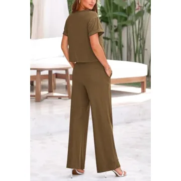 PRETTYGARDEN Women's Summer 2 Piece Knit Loungewear Short Sleeve T Shirts Wide Leg Pants Tracksuit Casual Outfits