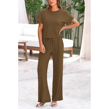 PRETTYGARDEN Women's Summer 2 Piece Knit Loungewear Short Sleeve T Shirts Wide Leg Pants Tracksuit Casual Outfits