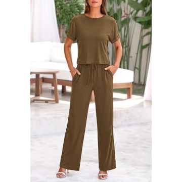 PRETTYGARDEN Women's Summer 2 Piece Knit Loungewear Short Sleeve T Shirts Wide Leg Pants Tracksuit Casual Outfits