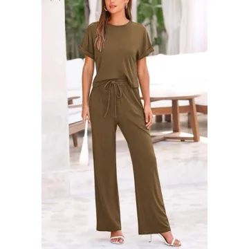 PRETTYGARDEN Women's Summer 2 Piece Knit Loungewear Short Sleeve T Shirts Wide Leg Pants Tracksuit Casual Outfits