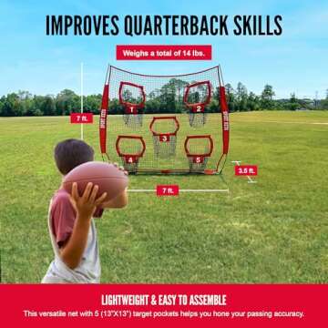 Hit Run Steal Heavy Duty Football Throwing Net, Portable 5 Target Practice for Easy Setup for Efficient Quarterback Workouts, 7 x 7 Feet