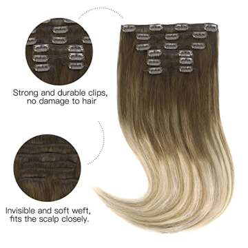 HOTBANANA Human Hair Clip in Hair Extensions, Ombre Walnut Brown to Ash Brown and Bleach Blonde 120g...