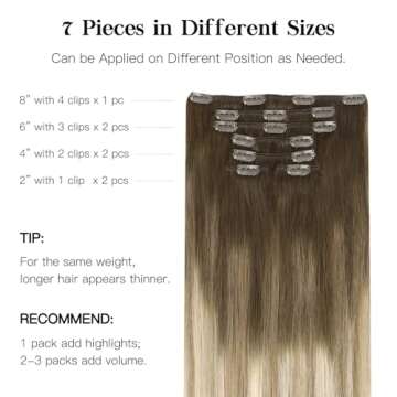 HOTBANANA Human Hair Clip in Hair Extensions, Ombre Walnut Brown to Ash Brown and Bleach Blonde 120g Clip in Hair Extensions Real Human Hair Straight Remy Hair Clip Ins 14 Inch 7pcs