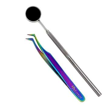 Stainless Steel 3D 5D 6D Volume False Eyelash Extension Tweezers Semi Angled, Multi Rainbow Color, With Free Mirror, Premium Quality