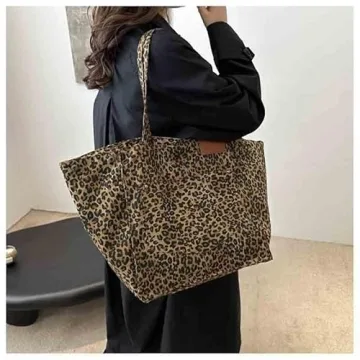 SANLEG Leopard print canvas tote bag for women, casual large capacity tote bag, simple single shoulder crossbody bag (Brown)