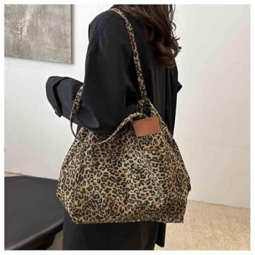 SANLEG Leopard print canvas tote bag for women, casual large capacity tote bag, simple single shoulder crossbody bag (Brown)