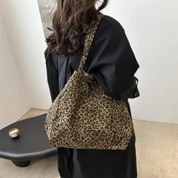SANLEG Leopard print canvas tote bag for women, casual large capacity tote bag, simple single shoulder crossbody bag (Brown)