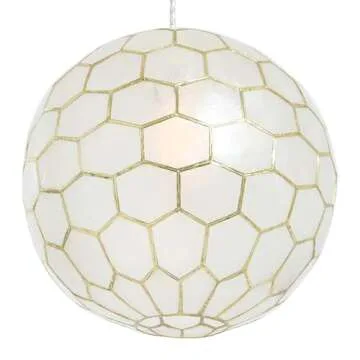 Creative Co-Op Capiz Honeycomb Globe Pendant Light, Capiz White Seashells with Antique Gold