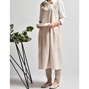 Chic Cotton Linen Cross Back Apron with Pockets