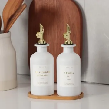 Gold White Olive Oil Dispenser Set with Bamboo Tray