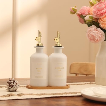 Gold White Olive Oil Dispenser Set with Bamboo Tray