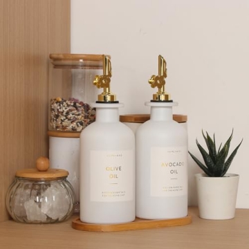 Gold White Olive Oil Dispenser Set with Bamboo Tray