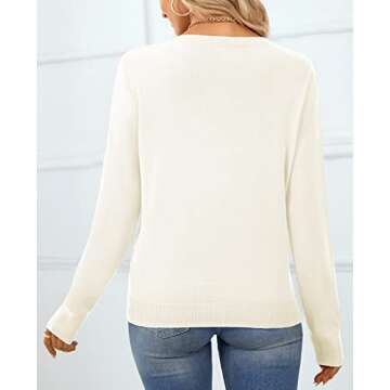 QUALFORT Women's 100% Cotton Sweater V Neck Long Sleeve Knitted Jumper Tops Off White Medium