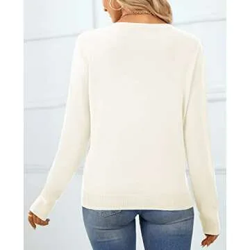 QUALFORT Women's 100% Cotton Sweater V Neck Long Sleeve Knitted Jumper Tops Off White Medium