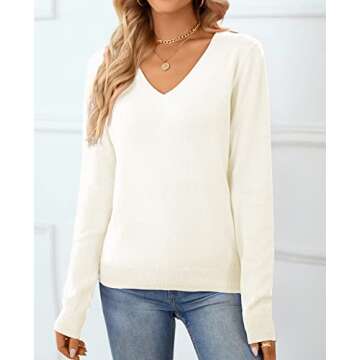 QUALFORT Women's 100% Cotton Sweater V Neck Long Sleeve Knitted Jumper Tops Off White Medium